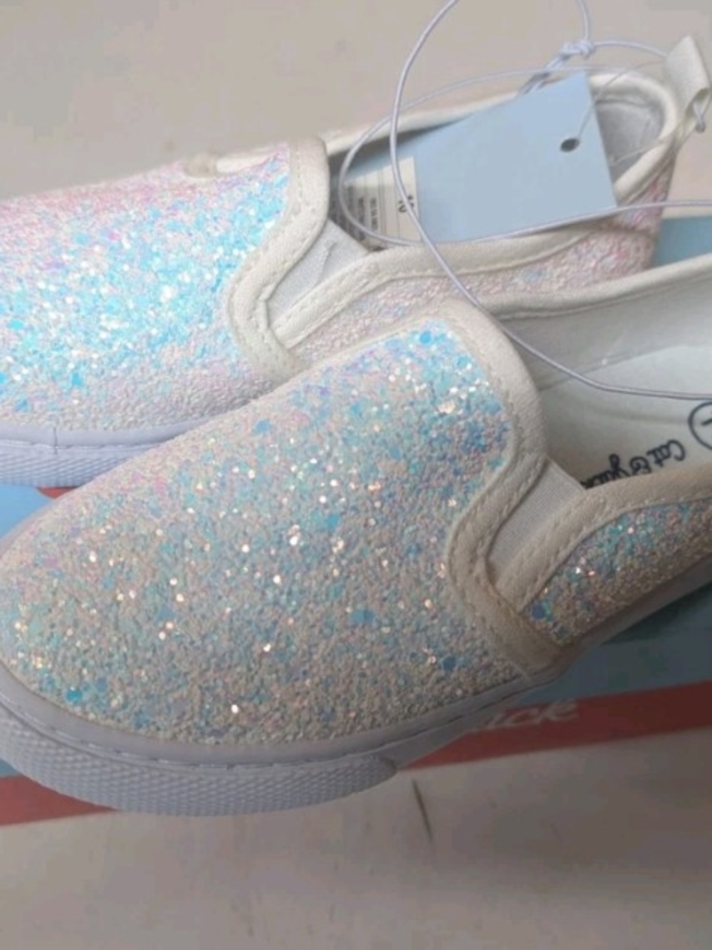 Cat & Jack Girls' Iridescent Glitter Slip-On Sneakers in Light Blue and Pink